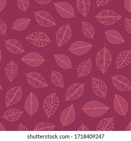 Vektorrote Blätter Linie Kunst auf rotem Hintergrund. Nahtloses Wiederholmuster. Hintergrund für Textilien, Karten, Herstellung, Wallpaper, Druck, Geschenkverpackung und Scrapbooking.