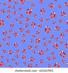 Vector Red Lifebuoy Random Seamless Pattern on Blue Background