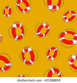 Vector Red Lifebuoy Random Seamless Pattern on Orange Background