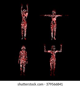 vector red line ornate woman's silhouettes set