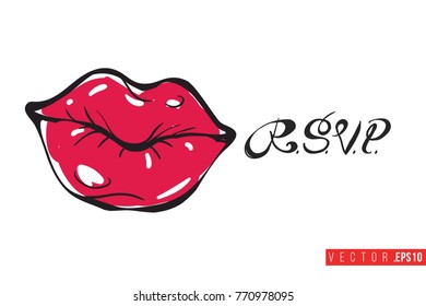 Vector red lip with motivational text: rsvp. Fashion accessory illustration in glamour style for beauty salon, shop, blog print. Isolated symbol on white background.