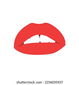 Icono de labios rojos vectoriales en lápiz labial rojo. imagen de Red Women's Lips sonriendo. Ilustración de labios en un estilo plano.