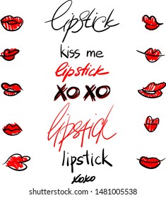 Vector Red Lips  Isolated on White Background. XOXO. Lipstick. Lips collection. Hand drawn text.