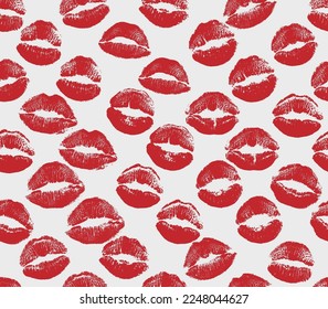 Los labios rojos vectoriales besan el fondo del patrón sin fisuras. Besos de lápiz labial imprime papel envolvente. Día del beso mundial, Día de San Valentín