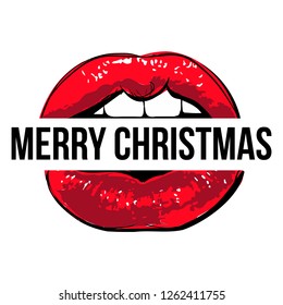 Los labios rojos vectoriales con alegre signo de Navidad. Excelente ilustración moderna al estilo del arte pop. La boca del glamur femenino. Afiche conceptual de Feliz Año Nuevo aislado de fondo blanco.