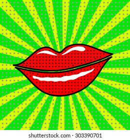 Vector red lips on a green background