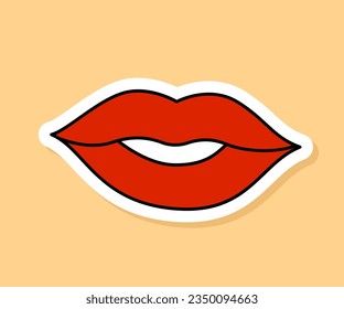 Vector Red Lips retro sticker isolated on yellow background. 70s style cartoon icon
