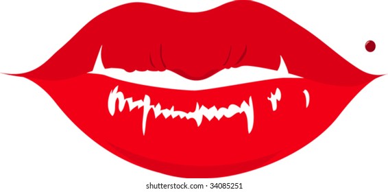 vector red lips with with sharp teeth and mole