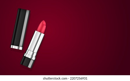 Vector red lipstick realistic open tube on dark background. Makeup container mockup. Woman cosmetics advertising, copy space banner. Luxury fashion lipstick sale wallpaper. Black Friday offer ad