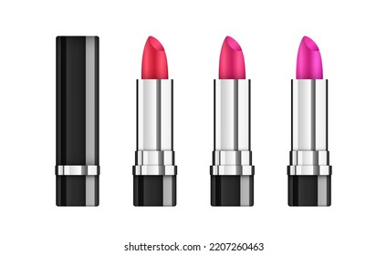 Vector red lipstick realistic open tube on white background. Makeup black container cap mockup. Woman cosmetics advertising isolated 3d set. Beauty gloss object sale kit. Lip stick silver package