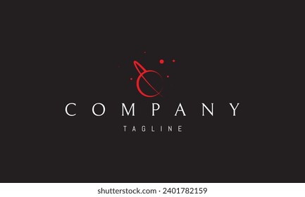 A vector red logo with an abstract image of a planet with an orbit against a background of stars.