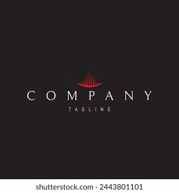 A vector red logo with an abstract image of a castle made of light with a moon at the base.