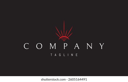 Vector red logo with an abstract image of the moon with rays of light emanating from it.