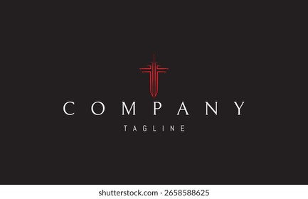A vector red logo featuring an abstract image a sleek sword symbolizing strength, honor, and protection with clean, sharp lines.