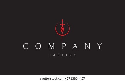 Logotipo rojo Vector con una Imagen abstracta, una espada en forma de S colocada contra una silueta lunar en un estilo heroico mínimo.