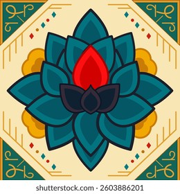 Vector of a red lotus mandala with teal petals and oriental style. Great for rugs, wall art, yoga mats, textiles, and boho or spiritual-themed designs.