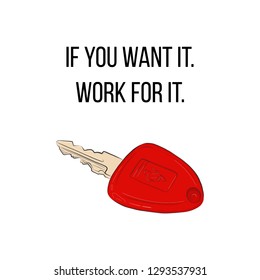 Vector red luxury car keys with quote concept poster. Motivational typography. Challenge yourself. Auto remote key with life text