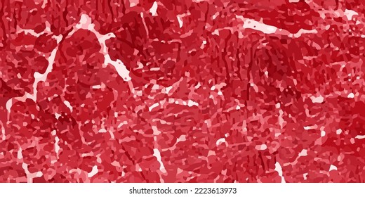 Vector red meat realistic texture. Cow meat tenderloin pattern. Raw juicy BBQ steak piece. Beef cut background. Fresh pork shape. Animal red fat food