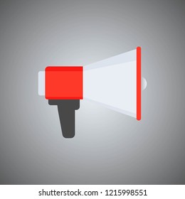 Vector red megaphone illustration in flat design on gray background. Marketing symbol. Mouthpiece icon. Loud speaker icon vector, megaphone. Business promotion, advertising, call through the horn.