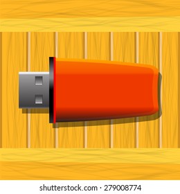 Vector Red Memory Stick on Wood Table.