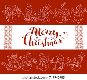 Vector red Merry Christmas background with cute snowmen. Snowmen are skiing, singing and skating. Candy cane, gift, garland, Christmas sock and baubles, birds. There is copy space on white background.