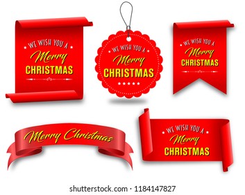 Vector, red merry christmas banners set,  Paper scrolls, Ribbons, stickers.