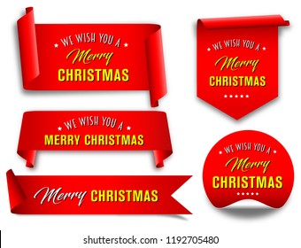 Vector, vermelho alegre conjunto de banners de fita de Natal, rolos de papel, fitas, adesivos.