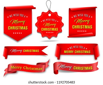 Vector, red merry christmas ribbon banners set,  Paper scrolls, Ribbons, stickers.