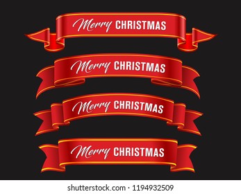 Vector, red merry christmas ribbon banners set,  Paper scrolls, Ribbons, stickers.