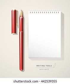 Vector red metal pen tool with cap isolated on white background. Text space. Writing office tool icon. Metal texture. Writing mock up. Pen close up. Text message. Business, writing illustration.
