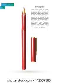 Vector red metal pen tool with cap isolated on white background. Text space. Writing office tool icon. Metal texture. Writing mock up. Pen close up. Text message. Business, writing illustration.