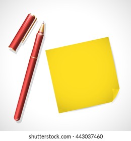 Vector red metal pen tool with cap isolated on white background. Text space. Writing office tool icon. Metal texture. Writing mock up. Pen close up. Text message. Business, writing illustration.