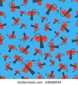 Vector Red Metallic Extinguisher Seamless Pattern on Blue Background