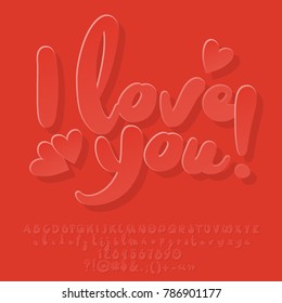 Vektorrote minimalistische Grußkarte Ich liebe dich in den Herzen. Satz Alphabet-Buchstaben, Zahlen und Symbole