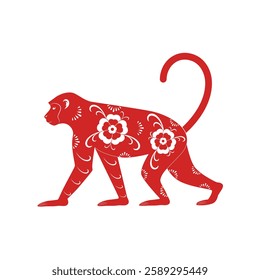 Vector red monkey with a floral pattern. Traditional Chinese horoscope animal. Symbol of the Chinese New Year 2028.