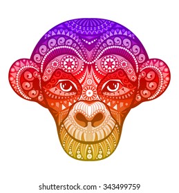 Vector red monkey. Symbol of New Year 2016. Head with ethnic motifs. Perfect for greeting card. EPS10.