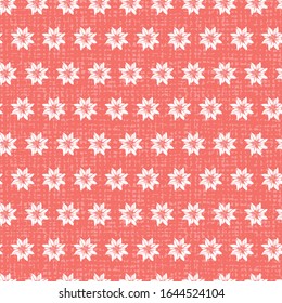 Vector red monochrome abstract floral stars arranged in polka dot rows repeat pattern. Suitable for fabric and wallpaper. 