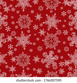 Vector rojo monocromo grandes copos de nieve y pequeños copos de nieve dispersos fondo sin fisuras. Adecuado para textiles, envolvimiento de regalo y papel pintado.