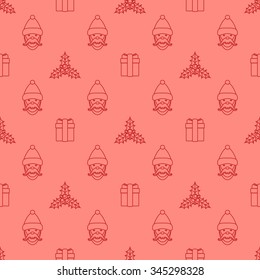 vector red monochrome outline new year christmas holly santa claus ribboned gift box seamless pattern on pink background 