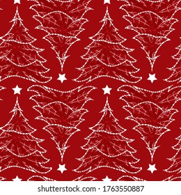 Vector red monochrome rows of alternate upside down christmas trees with small star seamless background. Suitable for textile, gift wrap and wallpaper.
