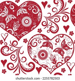 Vector red monochrome seamless pattern with hearts, flowers and butterflies on a transparent background