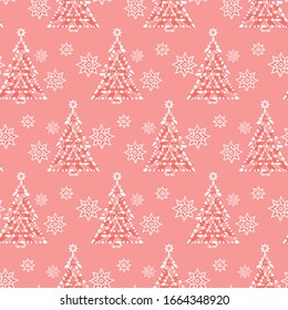 Vector red monochrome sparkling christmas tree and stars seamless background. Suitable for textile, gift wrap and wallpaper.