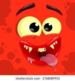 Vector red monster avatar with a wide smile. Cartoon face of a monster. Vector illustration