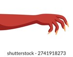 Vector Red Monster Hand with Sharp Claws Illustration. Halloween Horror Creature Arm. Spooky Scary Gesture Isolated. Fantasy Demon Zombie Hand Clipart, Vector Design Element