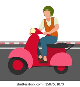 vector of red motorcycle taxi ride on the road a man wearing orange shirt and anti knock helmet freelance concept