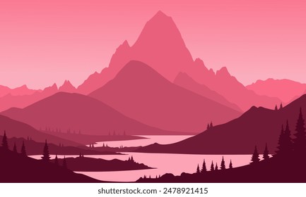 Vector red mountain landscape with clean sky, calm river and tree silhouettes