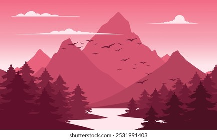 Vector red mountain landscape with clean sky, calm river, birds flying and pine trees silhouettes
