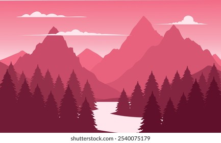 Vector red mountain landscape with clean sky, calm river and pine trees silhouettes