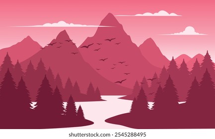 Vector red mountain landscape with clean sky, calm river, birds flying and pine trees silhouettes