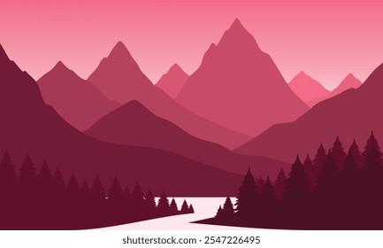 Vector red mountain landscape with clean sky, calm river and pine trees silhouettes